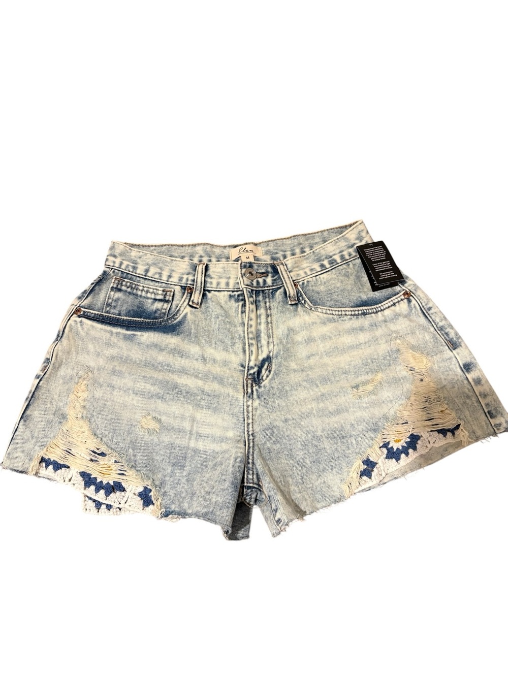 Elan Light Wash Denim Shorts with Blue Embroidered Trim